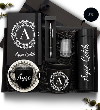 Kişiye Özel Siyah 500 ML Dereceli Termos & Defter & Kupa & Fincan& Kahve Yanı Cam Su Bardağı & Kalem Hediye Seti