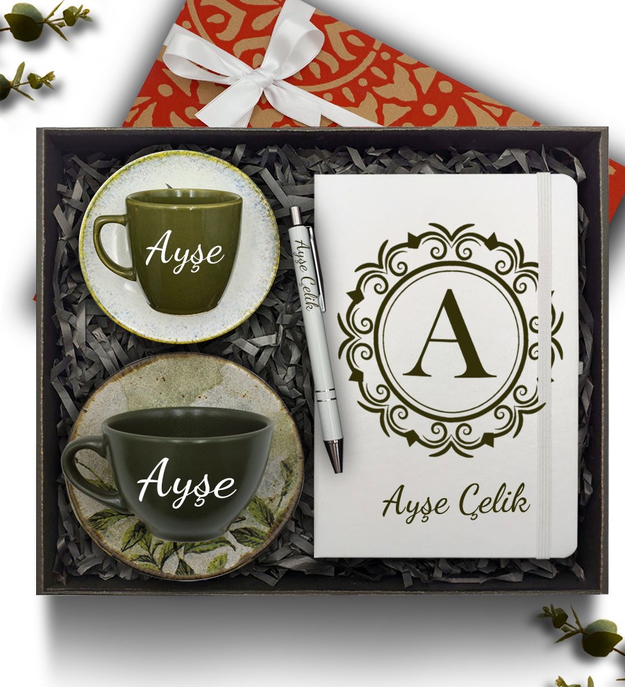 Kişiye Özel Beyaz Defter & Haki Çay Fincanı & Haki Kahve Fincanı & Kalem Hediye Seti