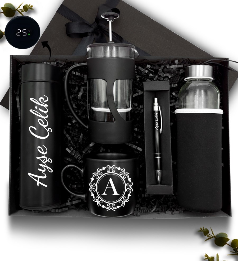 Kişiye Özel Siyah 500 ML Dereceli Termos & French Press & Kupa & Cam Suluk & Kalem Hediye Seti
