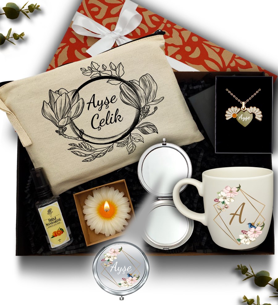 Kişiye Özel Kanvas Makyaj Çantası & Kupa & Krom Ayna & Rebul Kolonya &  Kolye & Mum Hediye Seti
