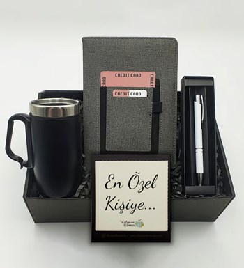 Lilyana Flowers - Gri Cepli Defter & Siyah Bardak Termos & Beyaz Roller Kalem Hediye Seti
