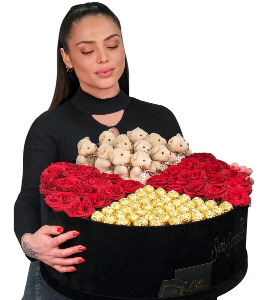 Dev Kutuda Kırmızı Güller Ayıcık ve Çikolata Vip