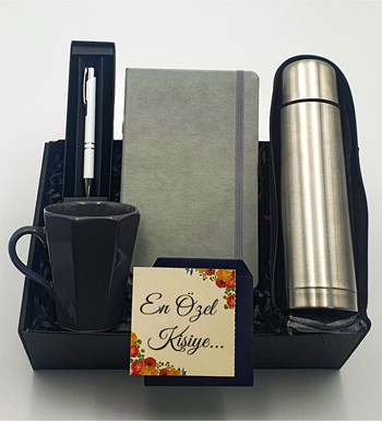 Gri Defter & Kılıflı KromTermos & Gri Kenarlı Kupa & Beyaz Roller Kalem Hediye Seti