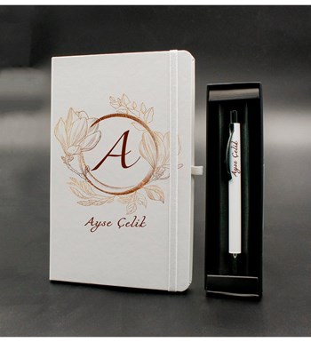 Kişiye Özel Beyaz Defter & Kişiye Özel Beyaz Tükenmez Kalem Hediye Seti