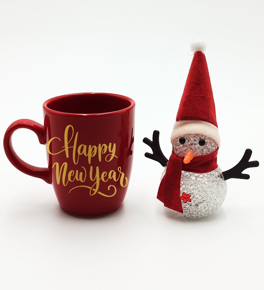 Yılbaşına Özel Happy New Year Temalı Kırmızı Kupa & Kardan Adam Hediye Seti (Model 2)
