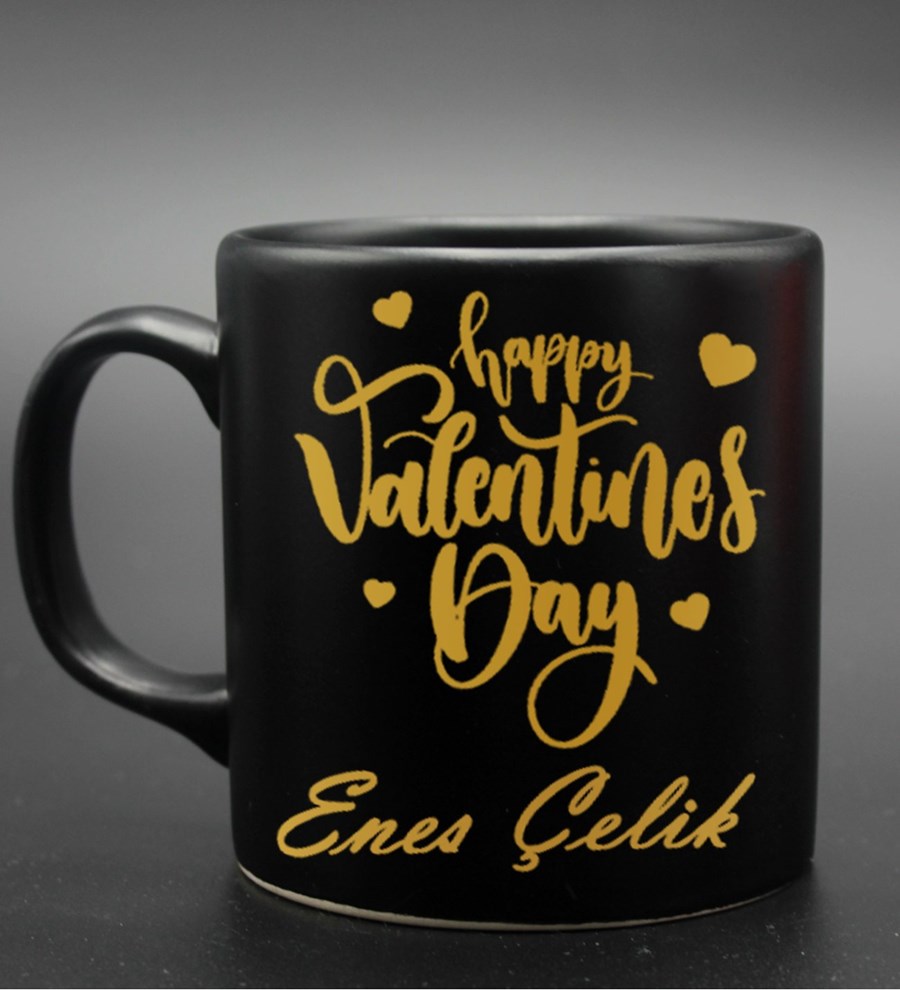 Sevgililer Gününe Özel Gold & Gümüş Happy Valentines Day İsimli Kişiye Özel Siyah Kupa (Model 2)