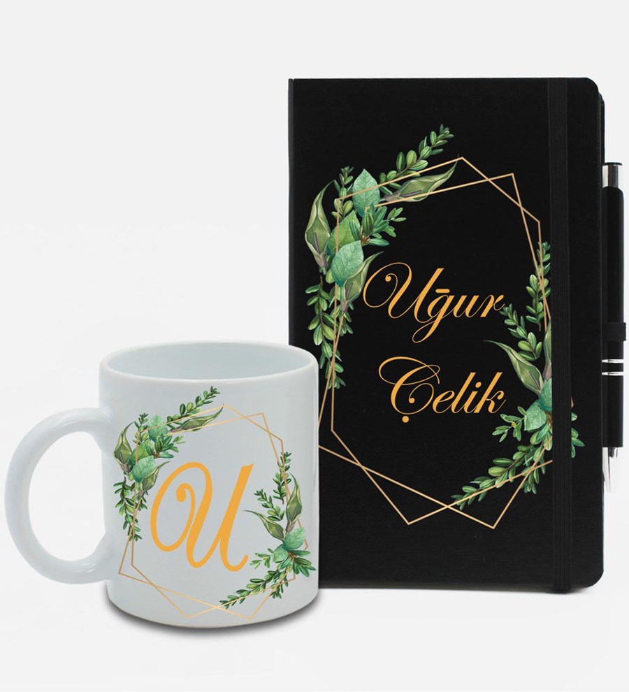 Kişiye Özel Siyah Ajanda Defter & Beyaz Kupa & Roller Kalem Hediye Seti