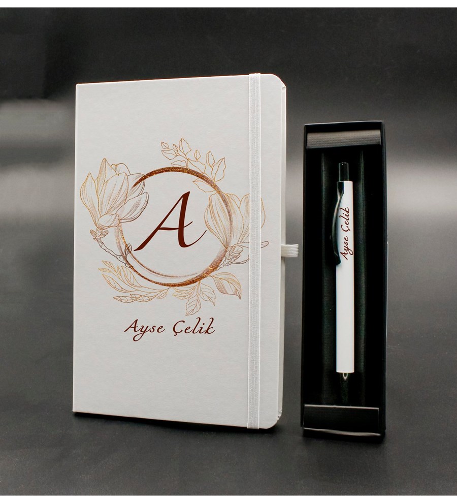 Kişiye Özel Beyaz Defter & Kişiye Özel Beyaz Tükenmez Kalem Hediye Seti