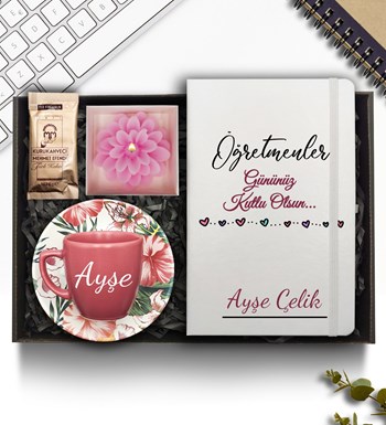 Kişiye Özel Beyaz Defter & Pembe Fincan & Pembe Mum & Mehmet Efendi Türk Kahvesi Hediye Seti