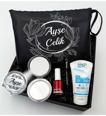 Kişiye Özel Siyah Makyaj Çantası & Makyaj Aynası & Pastel Oje & Arko Nem Soft Touch & Flormar Göz Kalemi