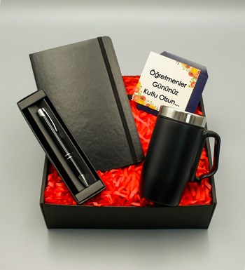 Siyah Defter & Siyah Bardak Termos & Siyah Roller Kalem Hediye Seti