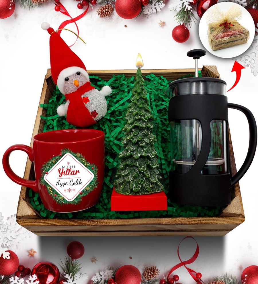 Kasa İçerisinde Kişiye Özel Kırmızı Kupa & French Press & Çam Ağacı Mum & Kardan Adam Hediye Seti