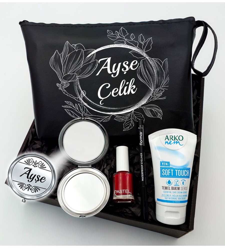 Kişiye Özel Siyah Makyaj Çantası & Makyaj Aynası & Pastel Oje & Arko Nem Soft Touch & Flormar Göz Kalemi