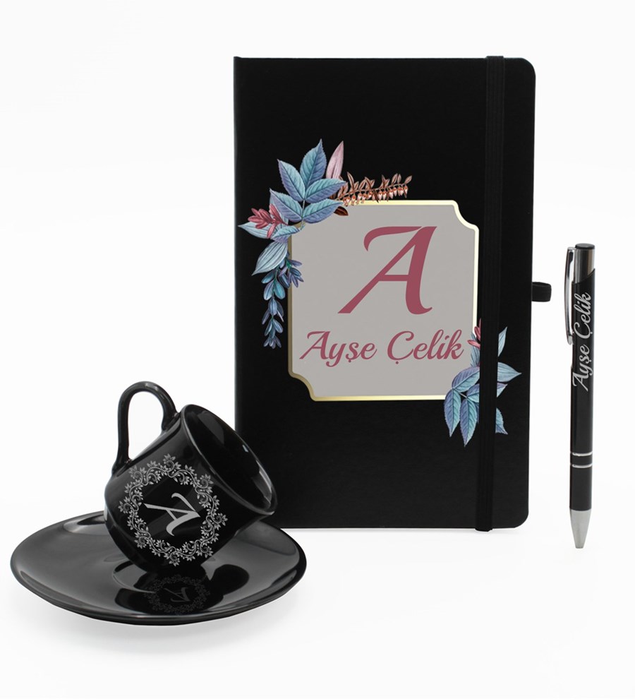 Kişiye Özel Ajanda Defter & Siyah Fincan & Roller Kalem Hediye Seti