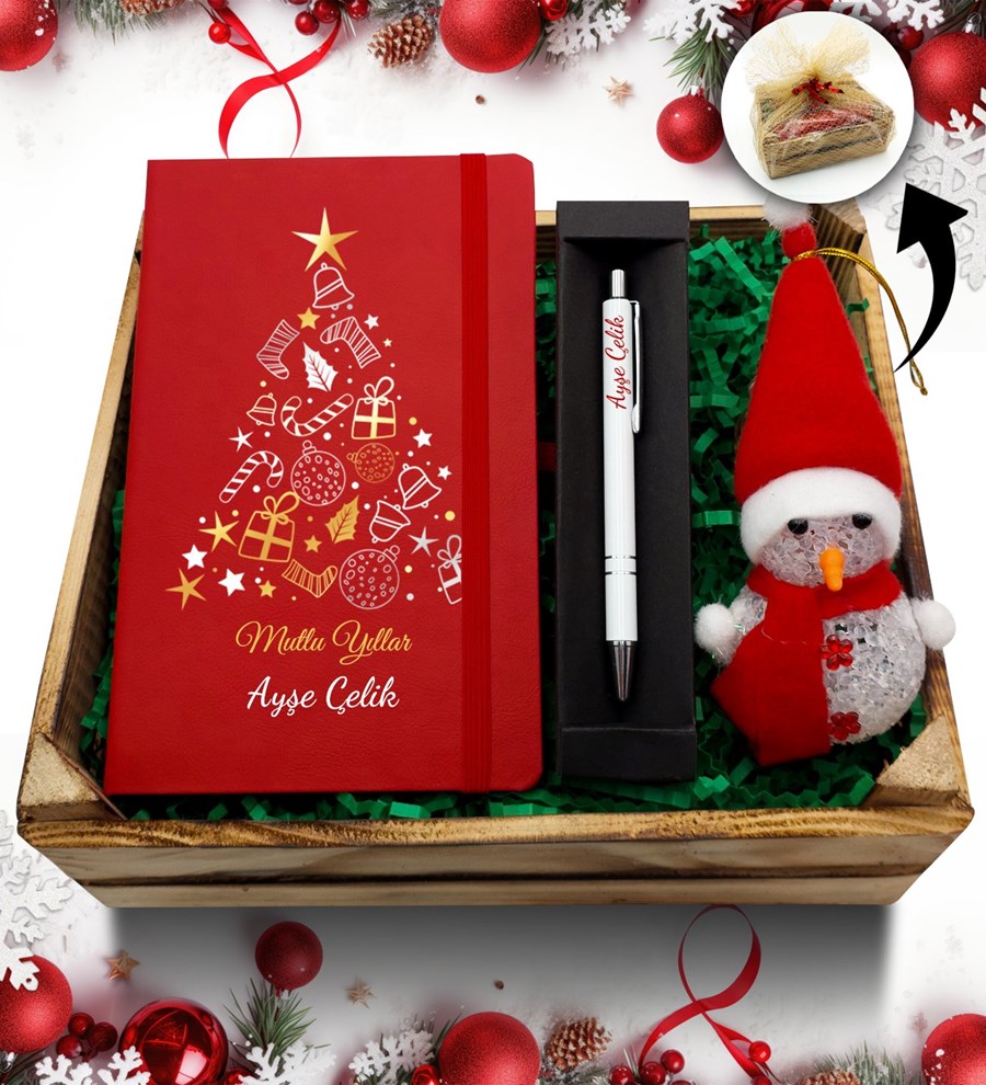Kasa İçerisinde Kardan Adam & Kişiye Özel Kırmızı Defter & Kalem Hediye Seti