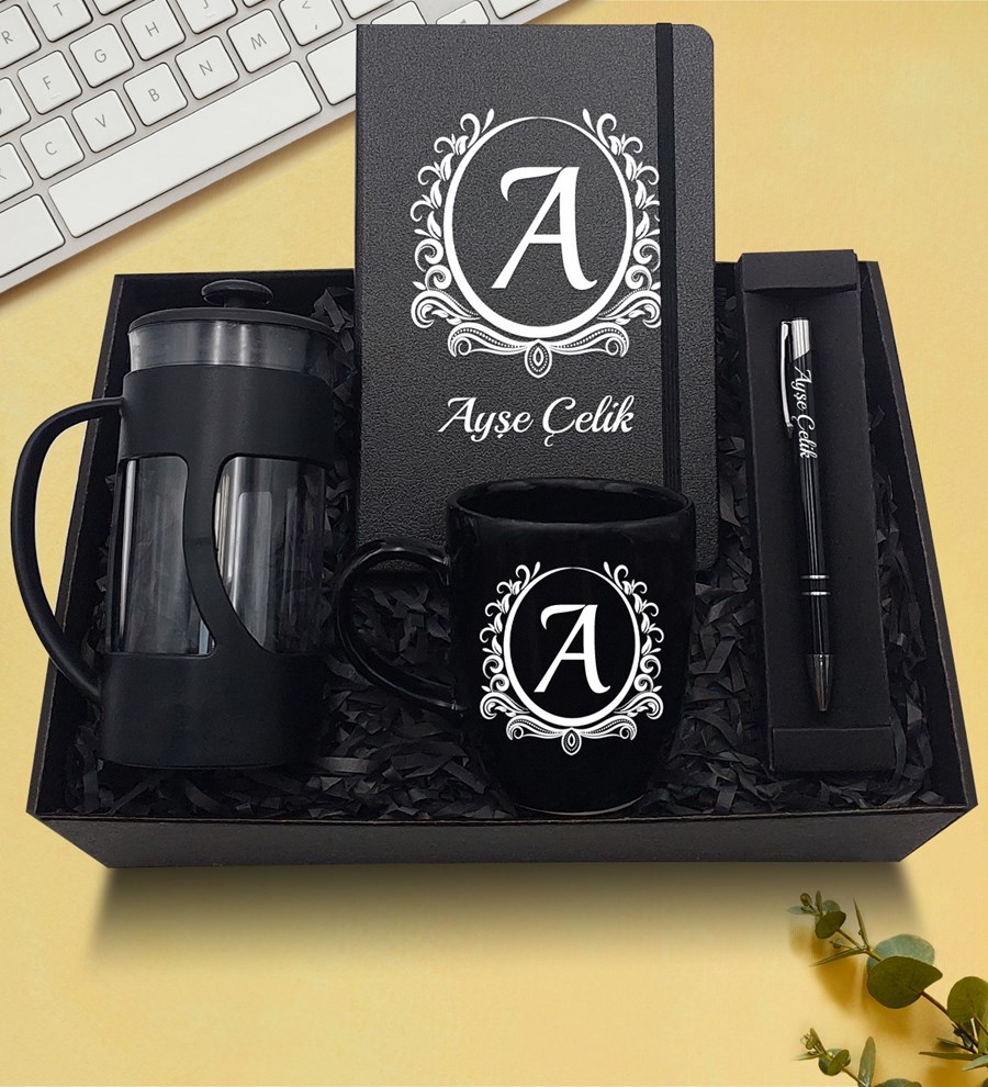 Kişiye Özel Siyah Defter & French Press & Siyah Kupa & Siyah Kalem Hediye Seti