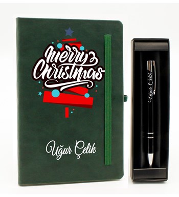 Kişiye Özel Yılbaşı Temalı Yeşil Defter & Siyah Roller Kalem