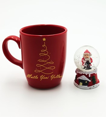 Yılbaşına Özel Mutlu Yeni Yılla Temalı Kırmızı Kupa & Noel Baba Kar Küresi Hediye Seti (Gold)
