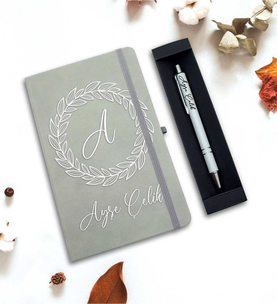 Kişiye Özel Defter & Kalem Hediye Seti (Gri)