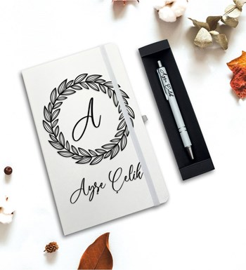 Kişiye Özel Defter & Kalem Hediye Seti (Beyaz)