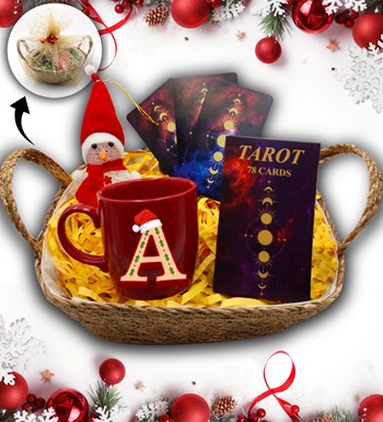 Hasır Sepetli Tarot Kartları & Kişiye Özel Kırmızı Kupa & Kardan Adam Hediye Seti