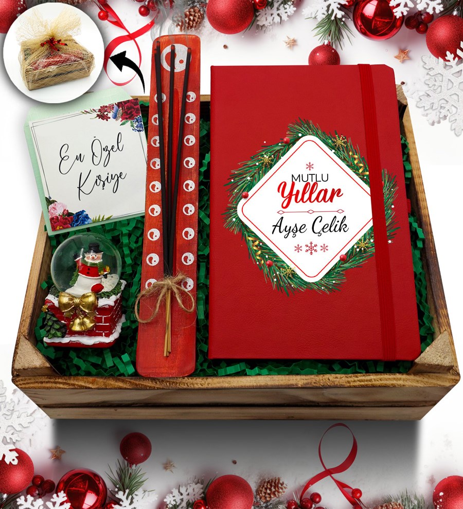 Kasa İçerisinde Kişiye Özel Kırmızı Defter & Kar Küresi & Çubuk Tütsü Hediye Seti
