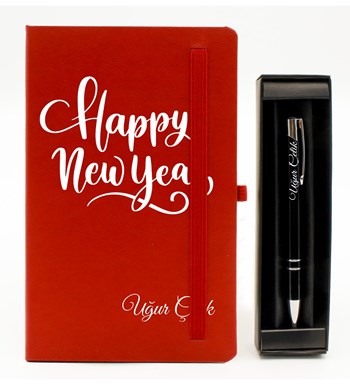 Kişiye Özel Yılbaşı Temalı Kırmızı Defter & Siyah Roller Kalem