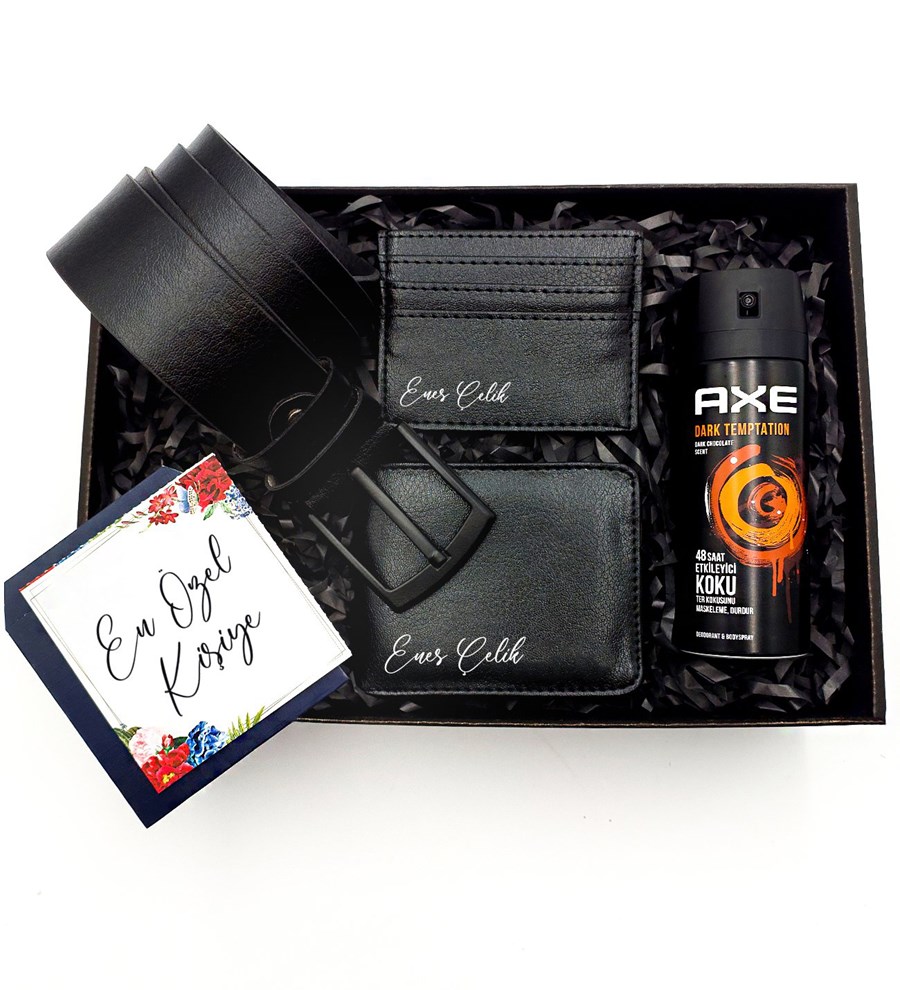 Kişiye Özel Siyah Cüzdan & Kartlık & Kemer & AXE Deodorant Hediye Seti