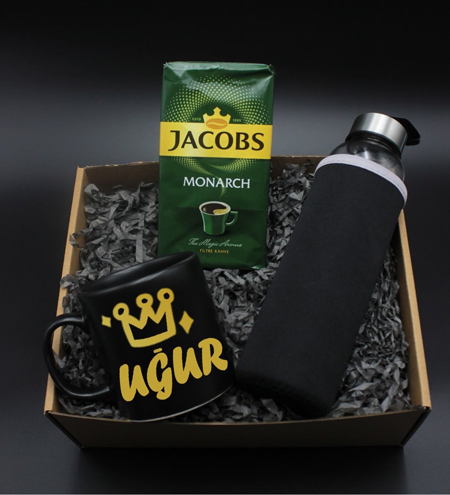 Sevgililer Gününe Özel H2O Kılıflı Cam Suluk& Kişiye Özel Baskılı Siyah Kupa & Jacobs Filtre Kahve Hediye Seti (Model 2)