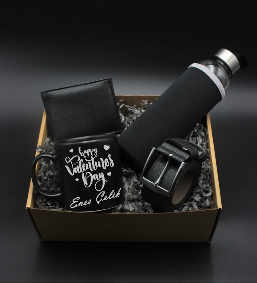 Sevgililer Gününe Özel H2O Kılıflı Cam Suluk& Kişiye Özel Happy Valentines Day Gümüş İsim Baskılı Siyah Kupa & Cüzdan& Kemer Hediye Seti