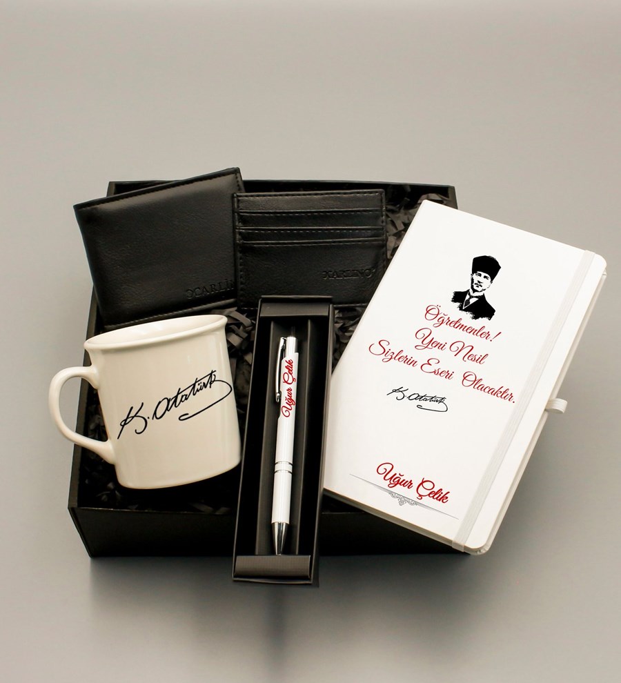 Atatürk Tasarımlı Kişiye Özel Beyaz Defter & Beyaz Kupa & Cüzdan ve Kartlık & Beyaz Roller Kalem & Bubble Mum Hediye Seti