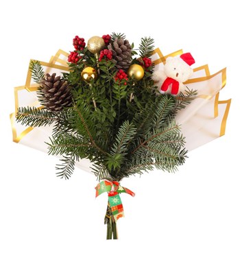 Lilyana Flowers – Yılbaşı Kokina Buketi Krem Gold Ayıcıklı