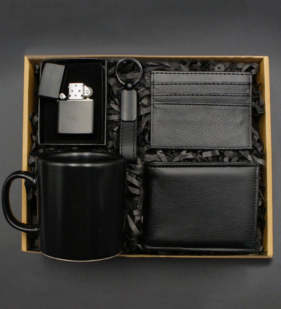 Siyah Kupa & Cüzdan & Anahtarlık & Zippo Tarzı Çakmak & Kartlık Hediye Seti
