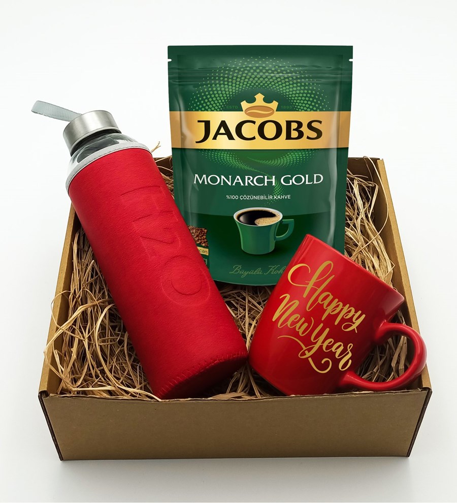 Yılbaşına Özel  Happy New Year Temalı Kırmızı Kupa & H2O Kılıflı Cam Suluk & Jacobs Monarch Gold Kahve Hediye Seti (Model 2)