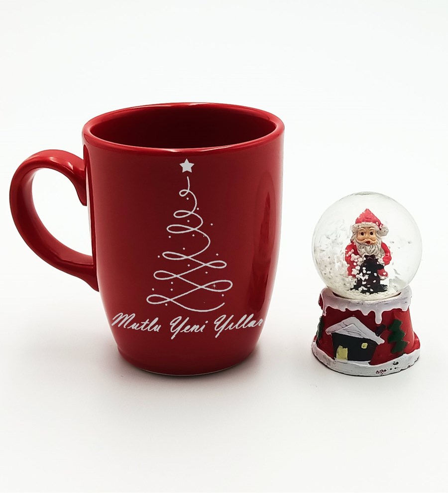 Yılbaşına Özel Mutlu Yeni Yılla Temalı Kırmızı Kupa & Noel Baba Kar Küresi Hediye Seti (Gümüş)