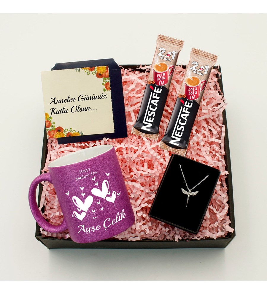 Anneler Gününe Özel Kişiye Özel Simli Mor Kupa & Gümüş Kaplama Melek Kolye & Nescafe Kahve Hediye Seti