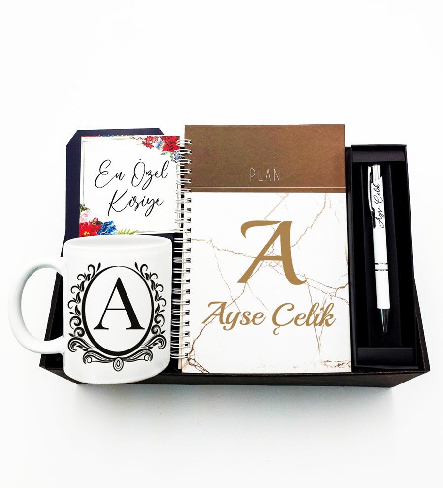 Kişiye Özel Defter & Beyaz Kupa Bardak & Beyaz Kalem Hediye Seti