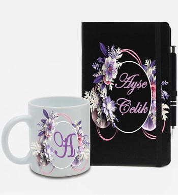 Kişiye Özel Siyah Ajanda Defter & Beyaz Kupa & Roller Kalem Hediye Seti