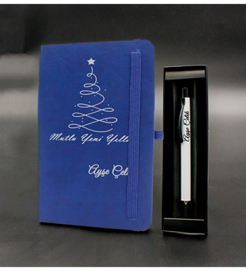 Kişiye Özel Yılbaşı Temalı Mavi Defter & Beyaz Roller Kalem