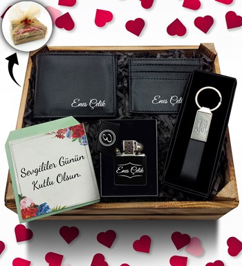 Kasa İçerisinde Kişiye Özel Cüzdan & Kartlık & Zippo Tarzı Çakmak & Anahtarlık Hediye Seti