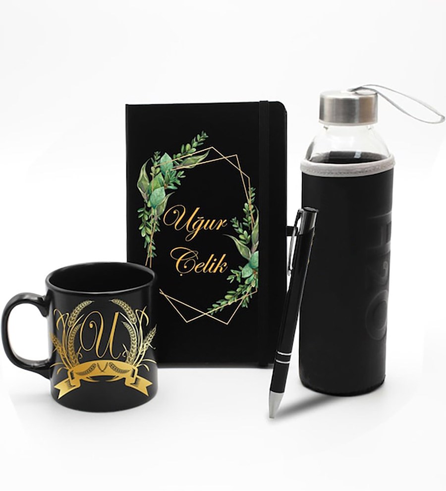 Kişiye Özel Siyah Ajanda Defter & Siyah Kupa & Roller Kalem & Cam Suluk Hediye Seti
