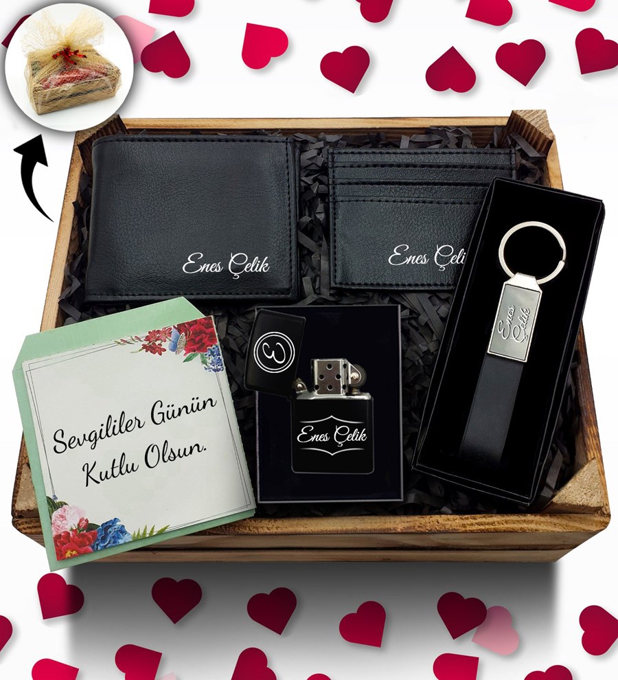 Kasa İçerisinde Kişiye Özel Cüzdan & Kartlık & Zippo Tarzı Çakmak & Anahtarlık Hediye Seti
