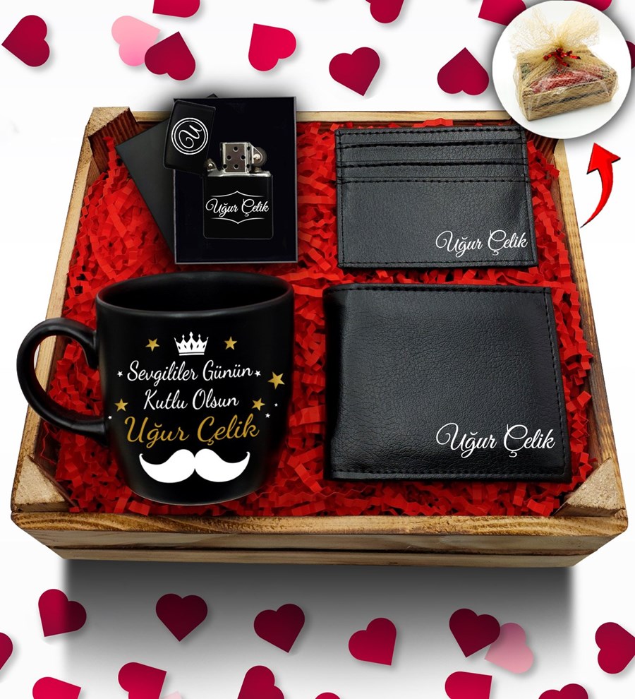 Kasa İçerisinde  Kişiye Özel Siyah Kupa & Zippo Tarzı Çakmak & Cüzdan & Kartlık Hediye Seti