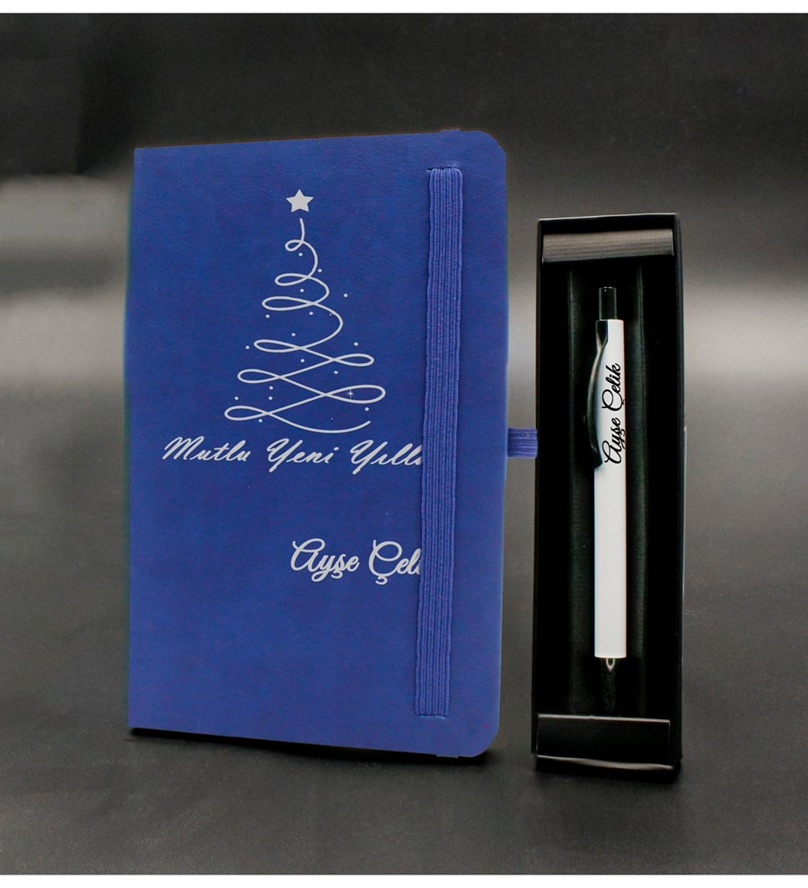 Kişiye Özel Yılbaşı Temalı Mavi Defter & Beyaz Roller Kalem