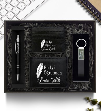 Öğretmenler Günü Temalı Kişiye Özel Cüzdan & Kartlık & Anahtarlık & Kalem Hediye Seti