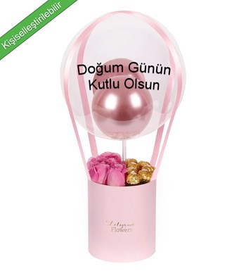 Balonlu Rocherli Pembe Kutuda Pembe Gül
