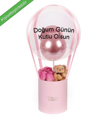 Balonlu Ayıcıklı Pembe Kutuda Pembe Gül