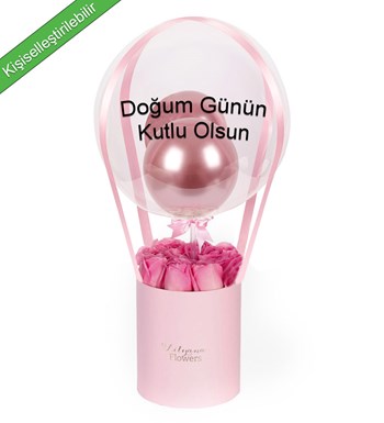 Balonlu Pembe Kutuda Pembe Gül