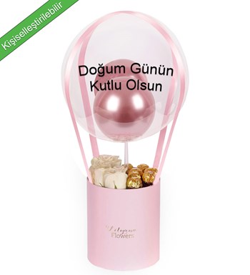 Balonlu Rocherli Pembe Kutuda Beyaz Gül