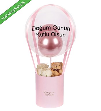 Balonlu Ayıcıklı Pembe Kutuda Beyaz Gül
